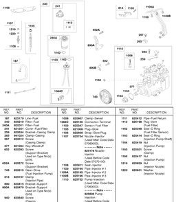 Fuel Filter, Fuel Injection Pump, Glow Plugs Diagram and Parts List for 58A447-0234-XX  Briggs and Stratton Engine